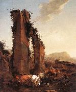 BERCHEM, Nicolaes Peasants with Cattle by a Ruined Aqueduct oil on canvas